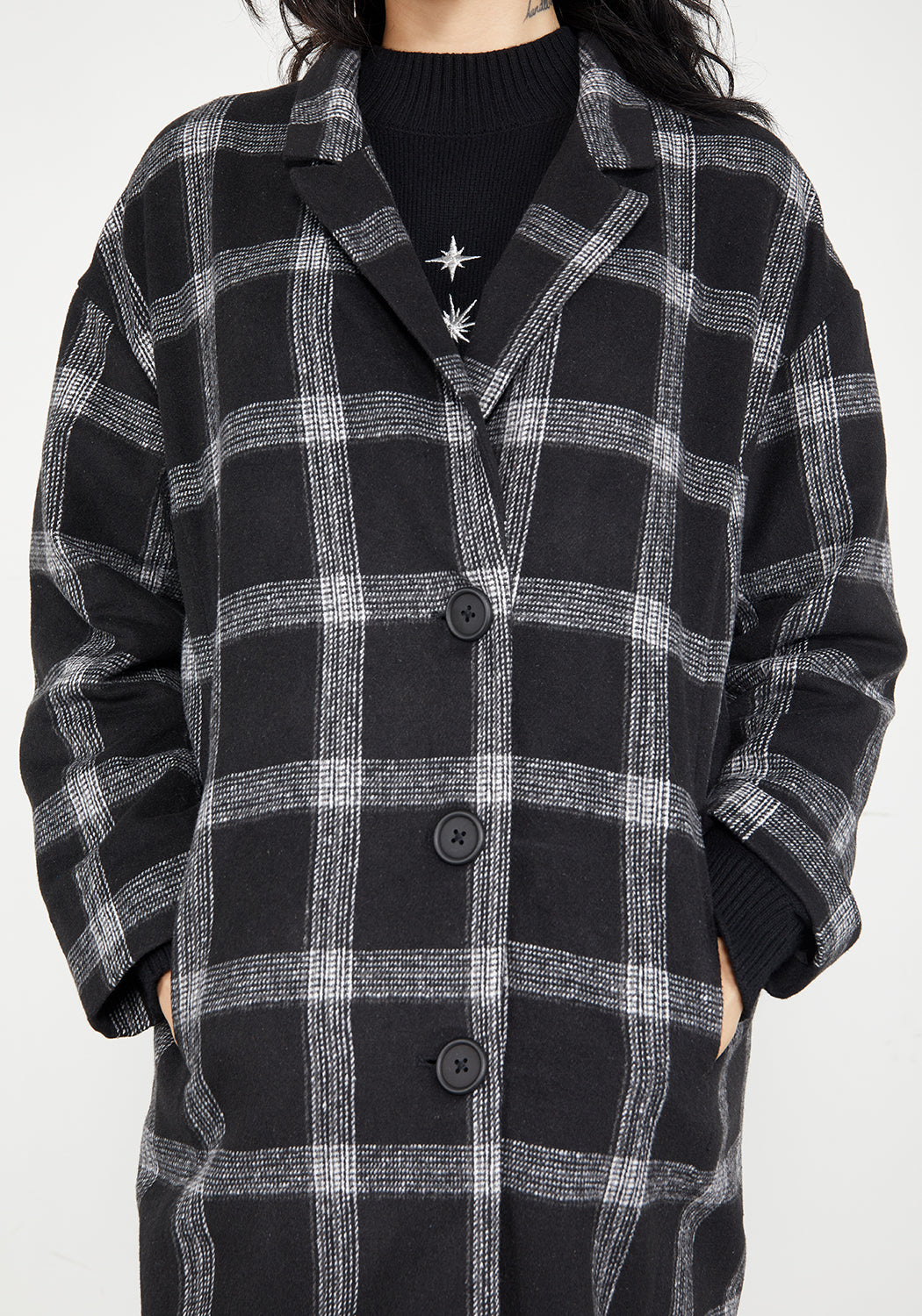 Black & Grey Check Duster Coat with Notched Lapel | Effy