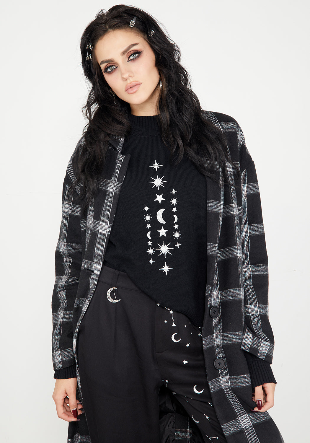Black & Grey Check Duster Coat with Notched Lapel | Effy