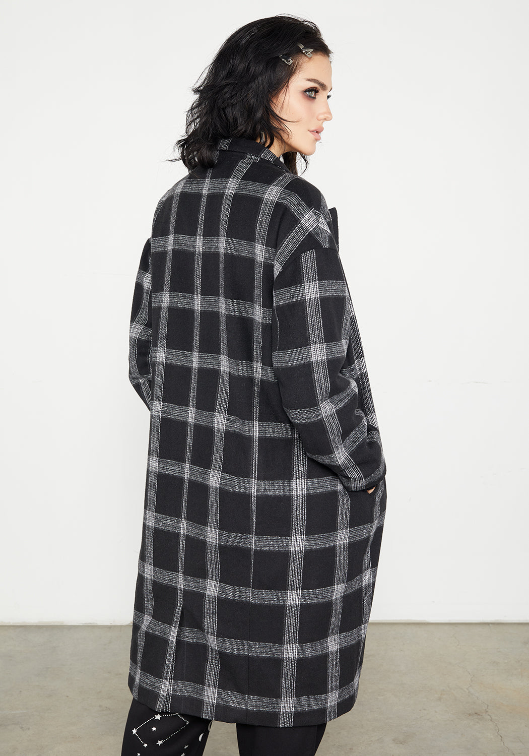 Black & Grey Check Duster Coat with Notched Lapel | Effy