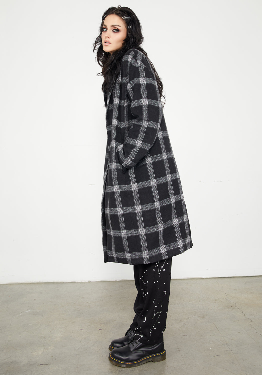 Black & Grey Check Duster Coat with Notched Lapel | Effy