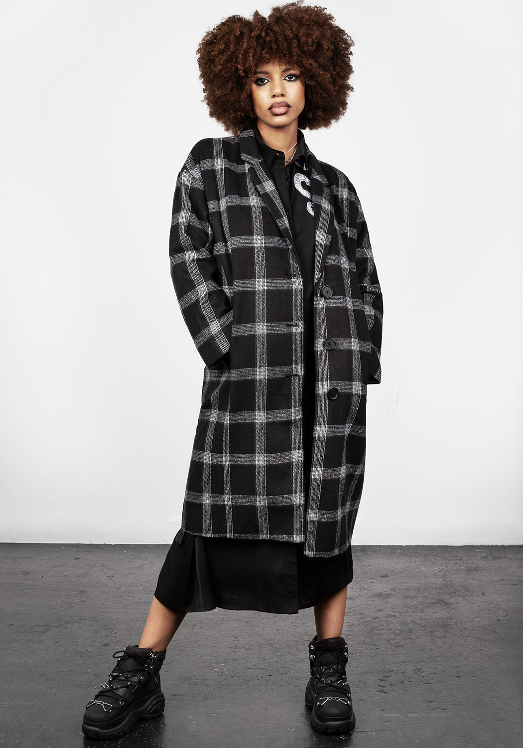 Black & Grey Check Duster Coat with Notched Lapel | Effy