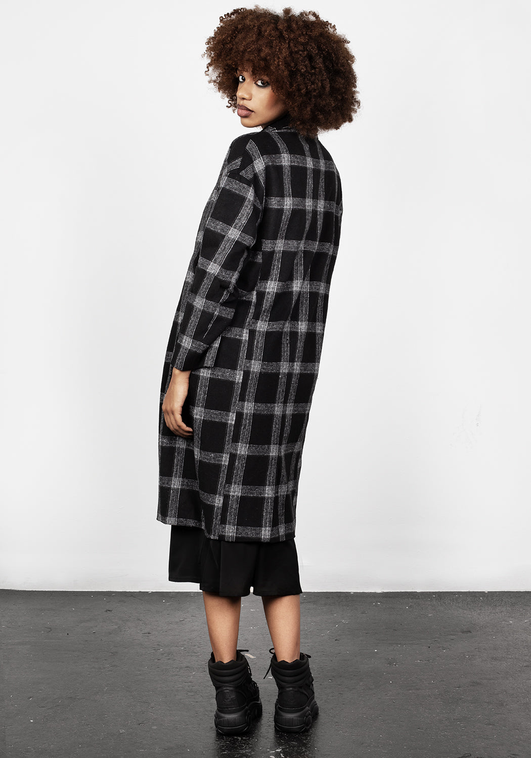Black & Grey Check Duster Coat with Notched Lapel | Effy