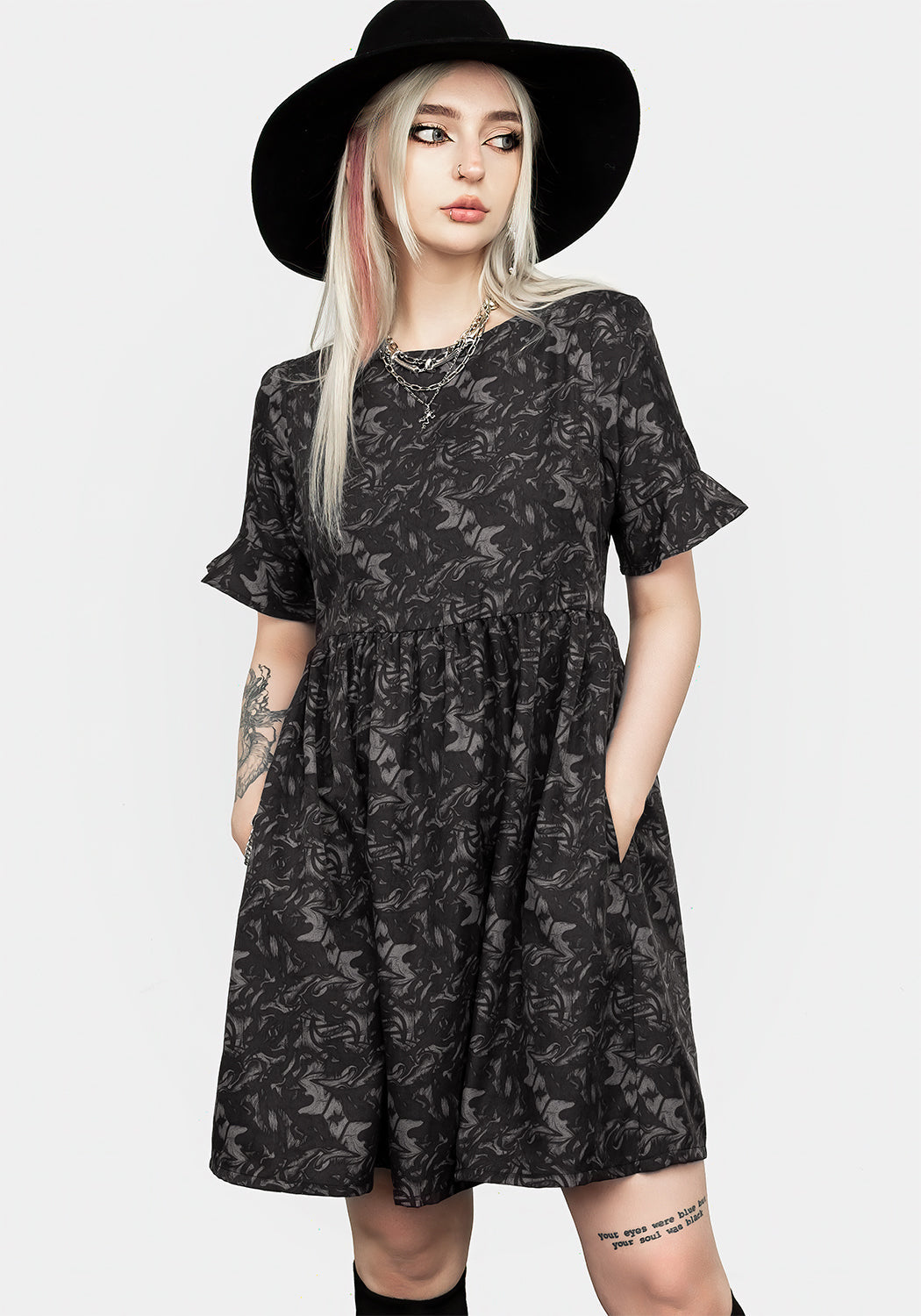 Black & Grey Printed Mini Smock Dress with Pockets | Petrichor