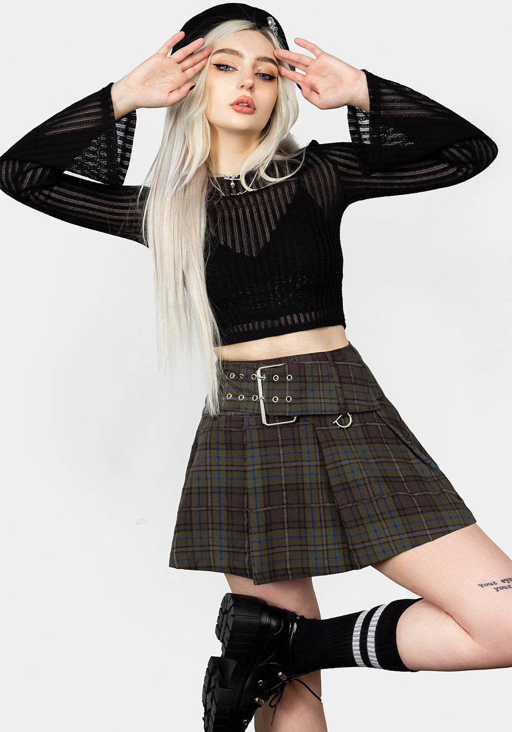Low Rise Belted Check Mini Skirt with Buckle & Side Zipper | Rumpel