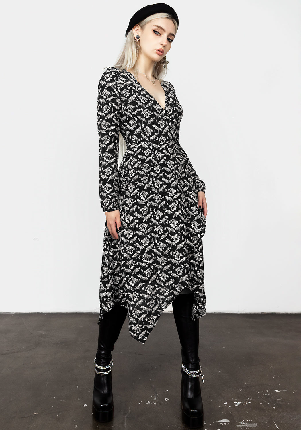Black Floral Wrap Dress with Handkerchief Hem | Titania