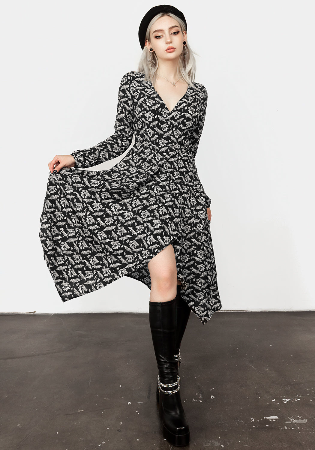 Black Floral Wrap Dress with Handkerchief Hem | Titania