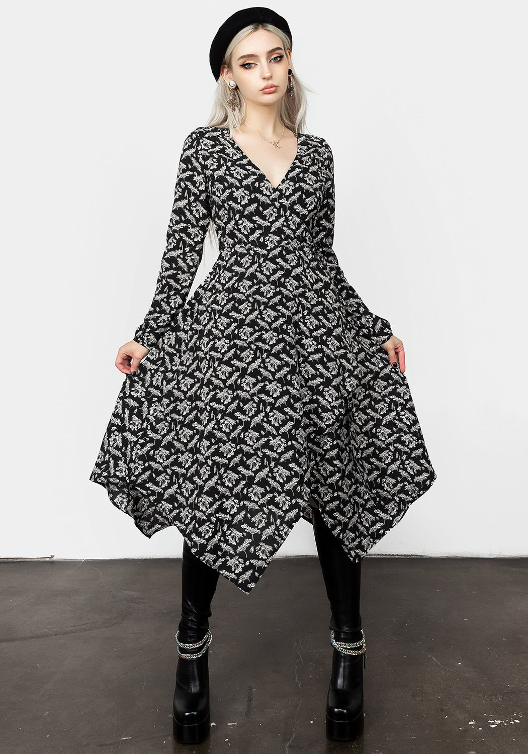 Black Floral Wrap Dress with Handkerchief Hem | Titania