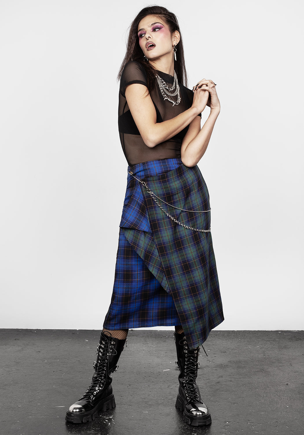 Blue & Green Check Faux-Wrap Midi Kilt | Rebel