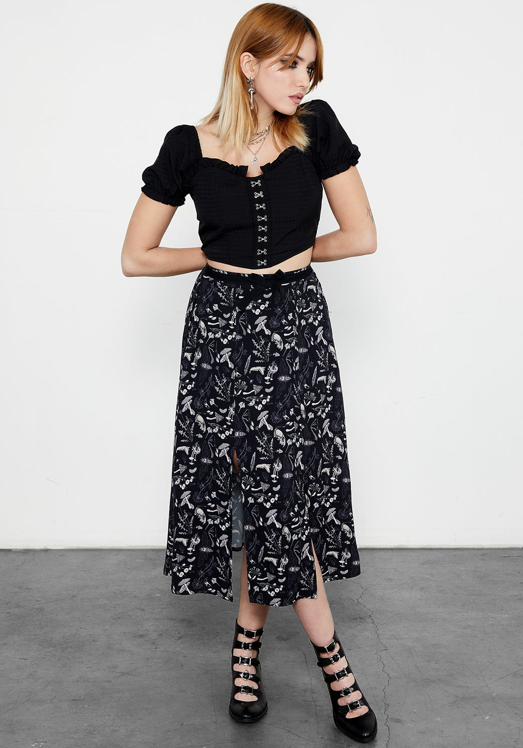 Black Magickal Print Midi Skirt with Front Split | Earth Magick