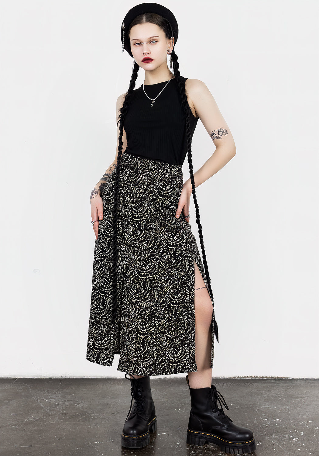Black & Green Split Midi Skirt with Fern Print | Tendril