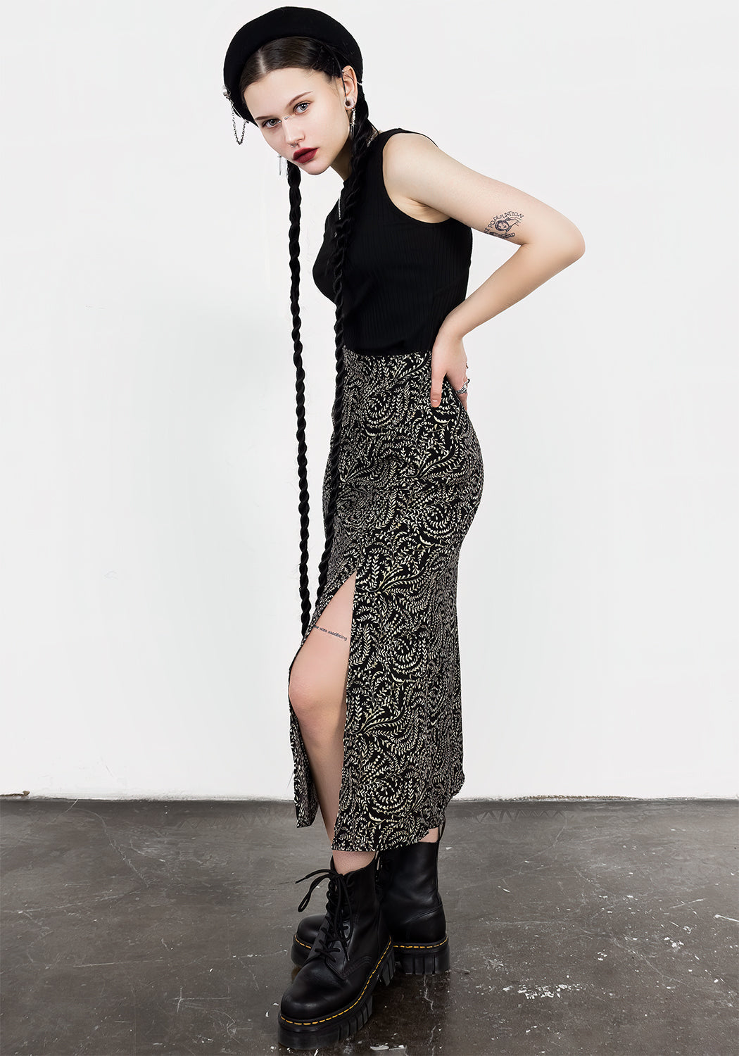 Black & Green Split Midi Skirt with Fern Print | Tendril