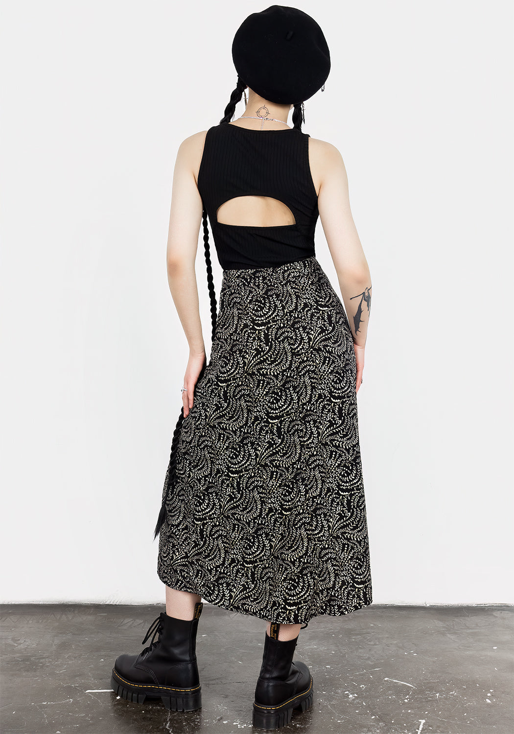 Black & Green Split Midi Skirt with Fern Print | Tendril