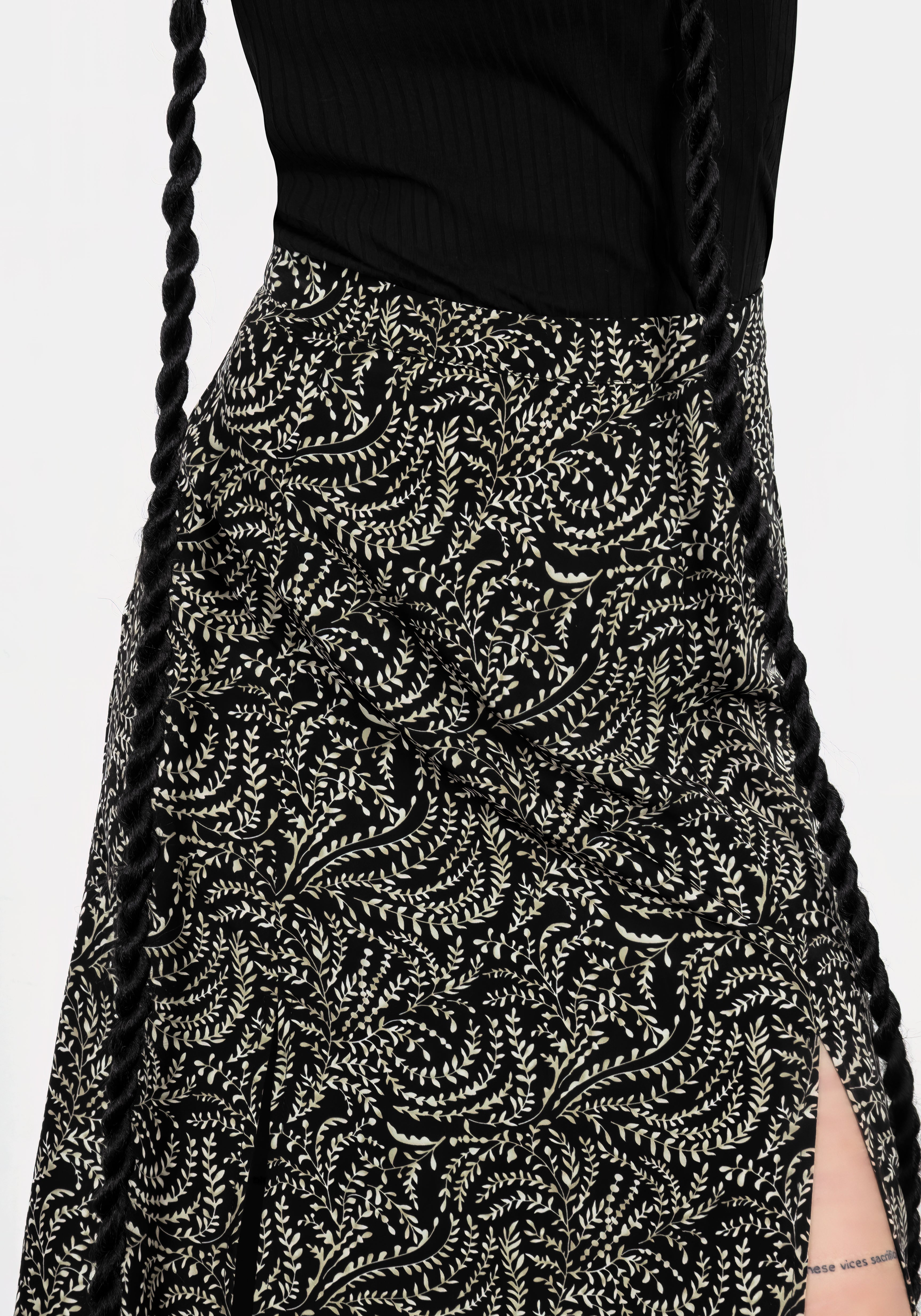 Black & Green Split Midi Skirt with Fern Print | Tendril