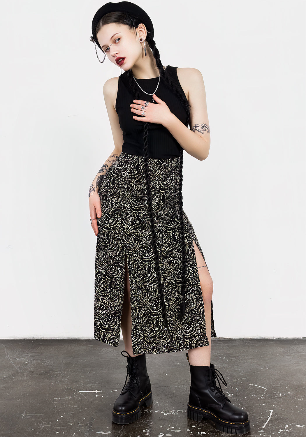 Black & Green Split Midi Skirt with Fern Print | Tendril