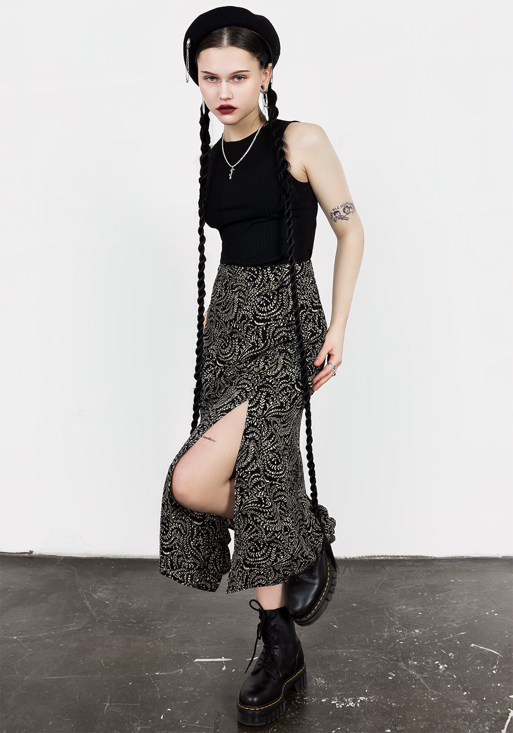 Black & Green Split Midi Skirt with Fern Print | Tendril