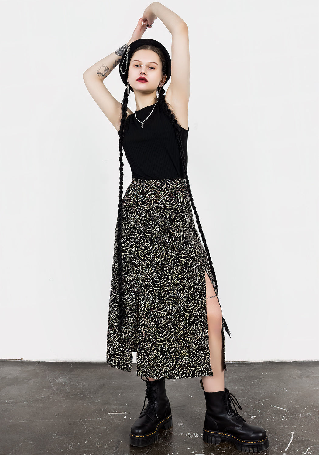 Black & Green Split Midi Skirt with Fern Print | Tendril