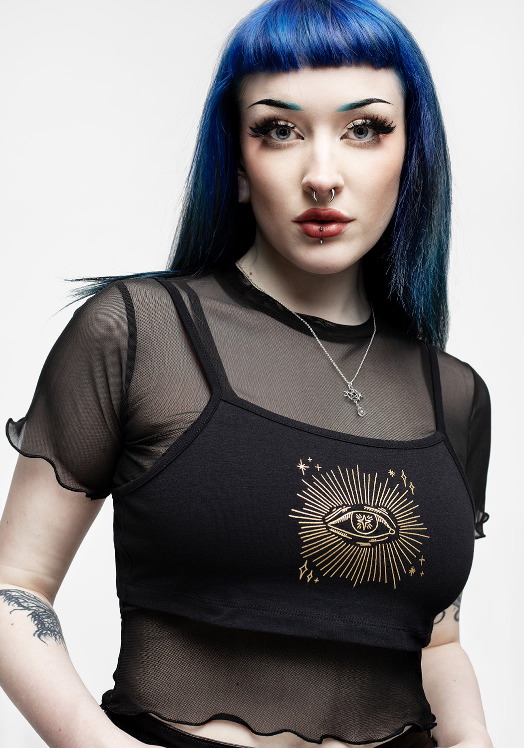 All-Seeing Eye Mesh Crop Top & Vest Set | Gothic Layered Outfit
