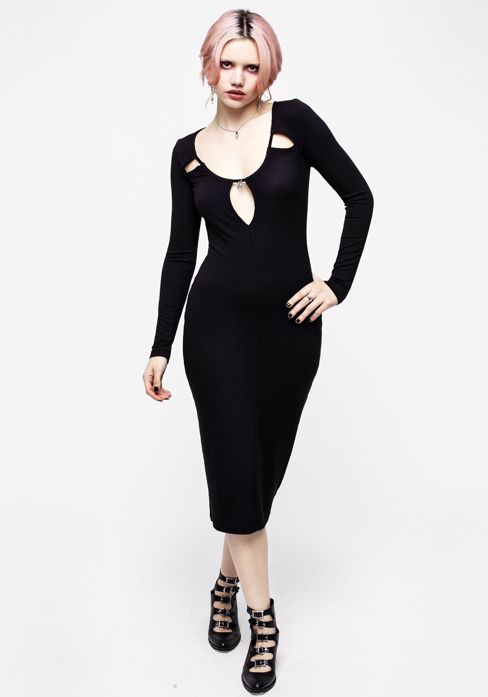 Black Ribbed Bodycon Midi Dress with Cut-Outs & Charm | Roxanne