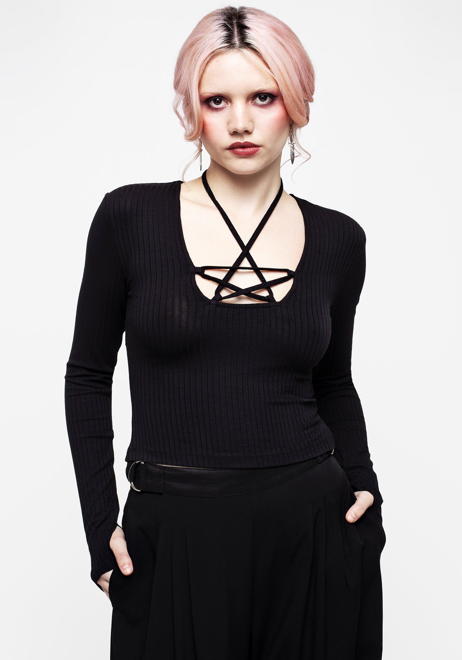 Black Ribbed Long Sleeve Crop Top with Lace-Up Pentagram | Joanna