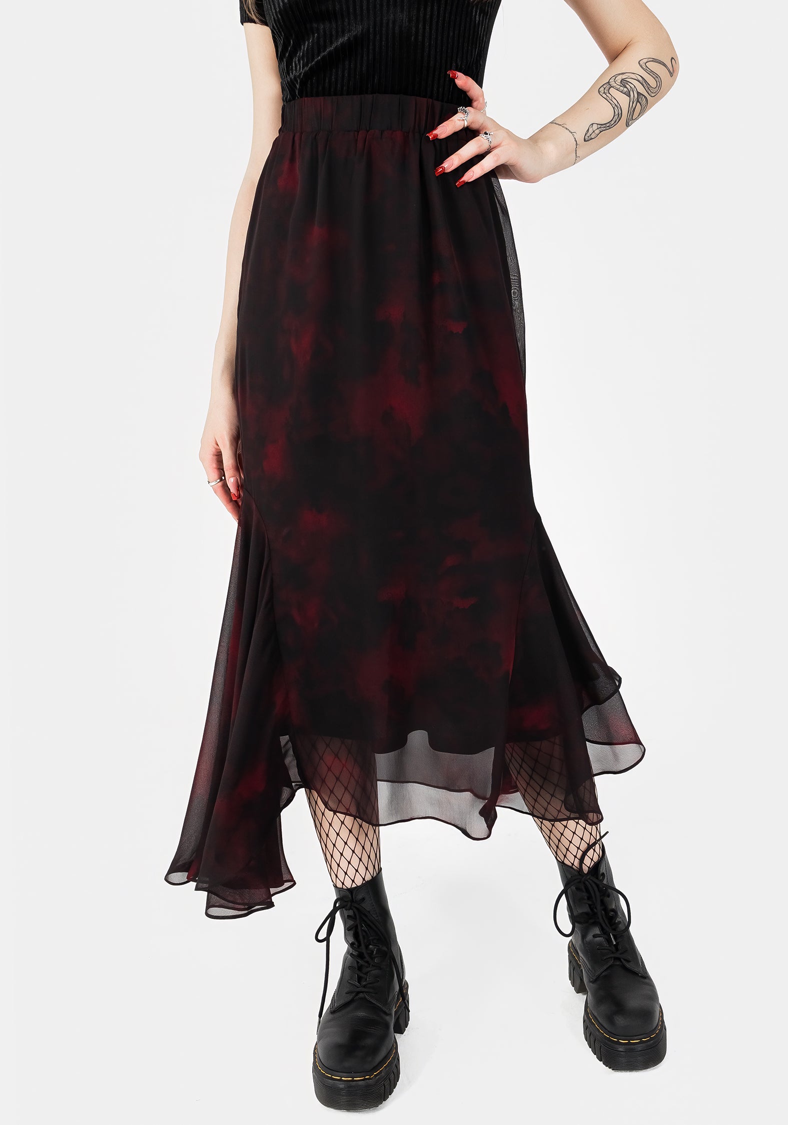 Red & Black Chiffon Handkerchief Hem Skirt | Vesta