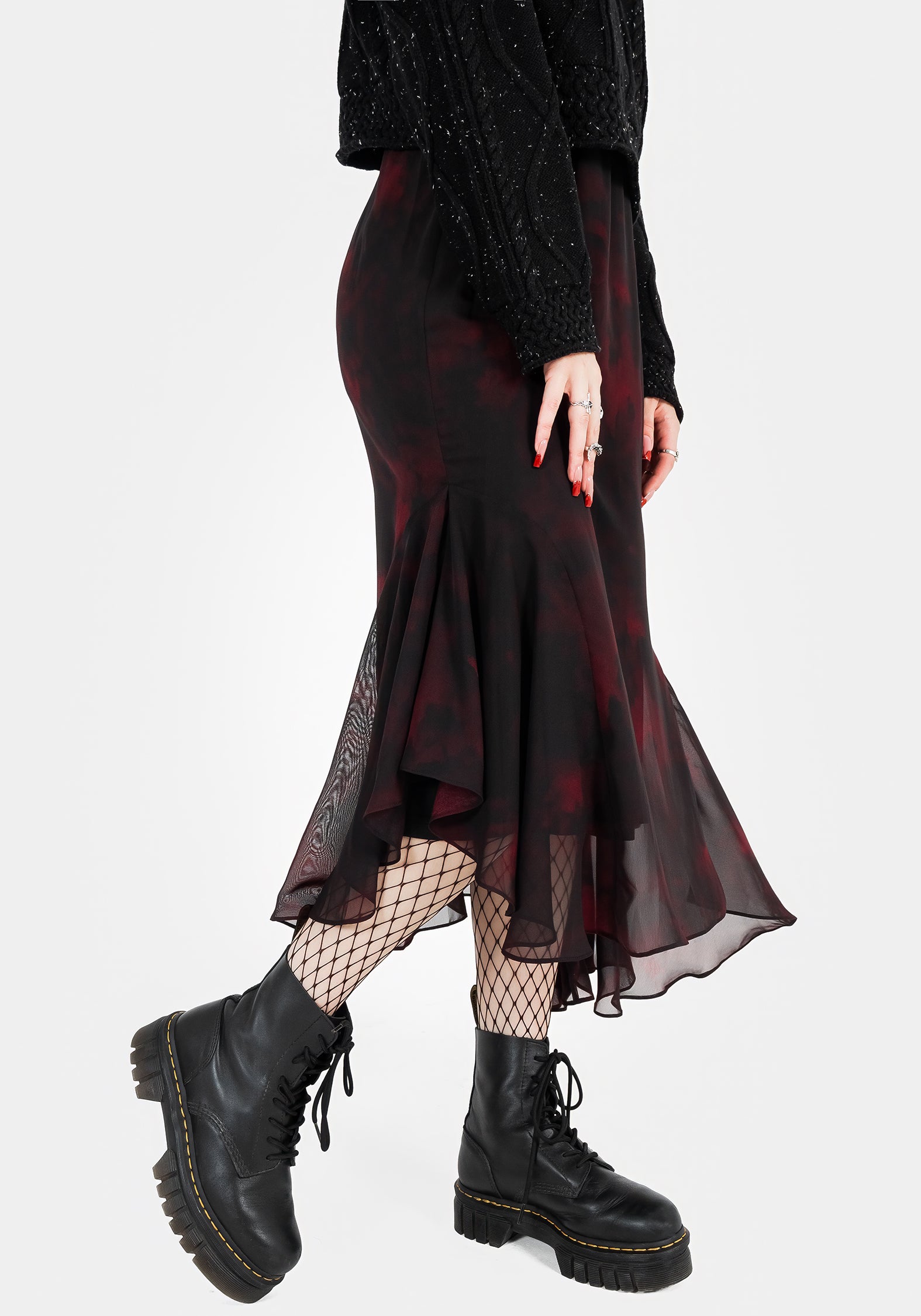 Red & Black Chiffon Handkerchief Hem Skirt | Vesta