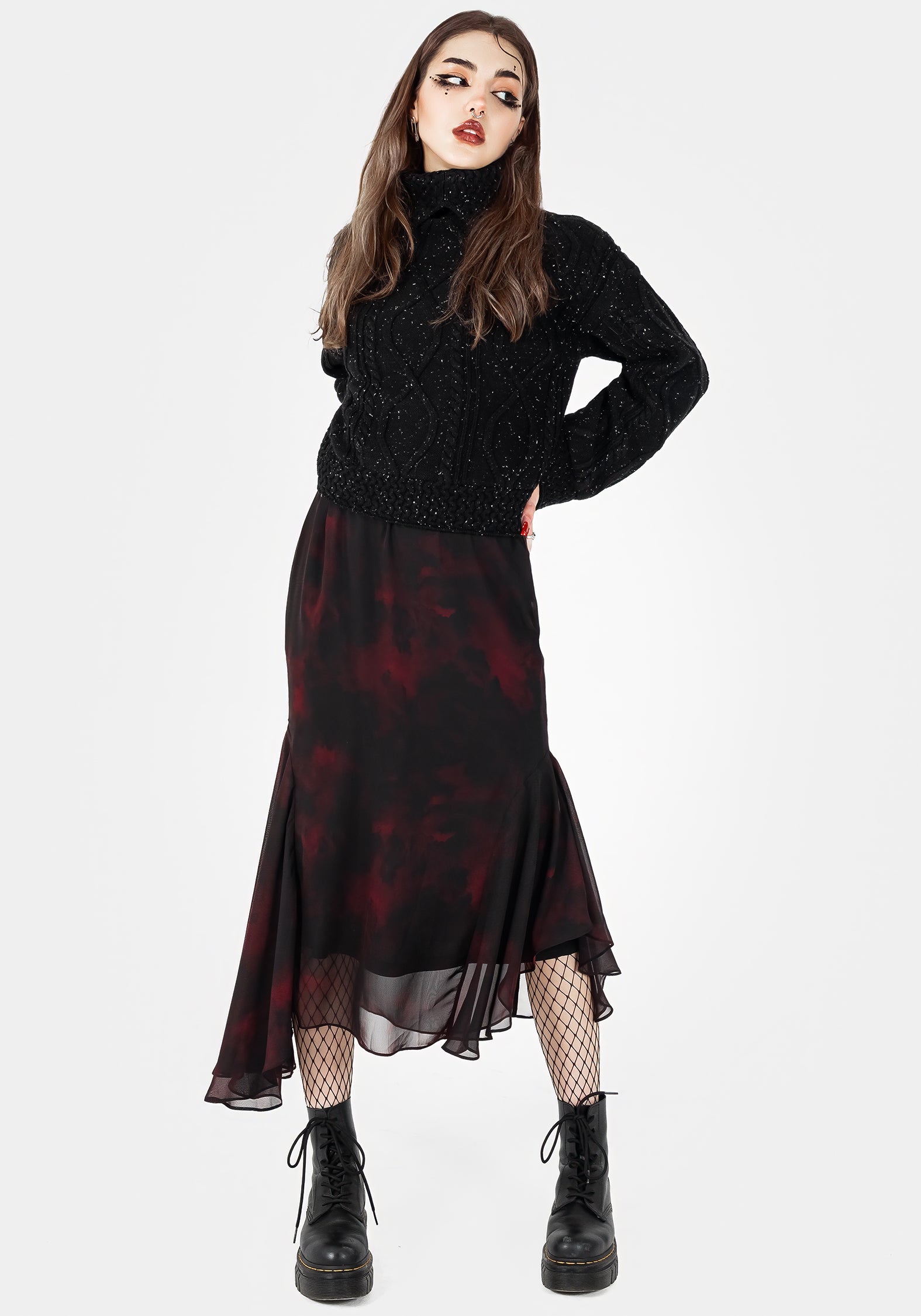 Red & Black Chiffon Handkerchief Hem Skirt | Vesta