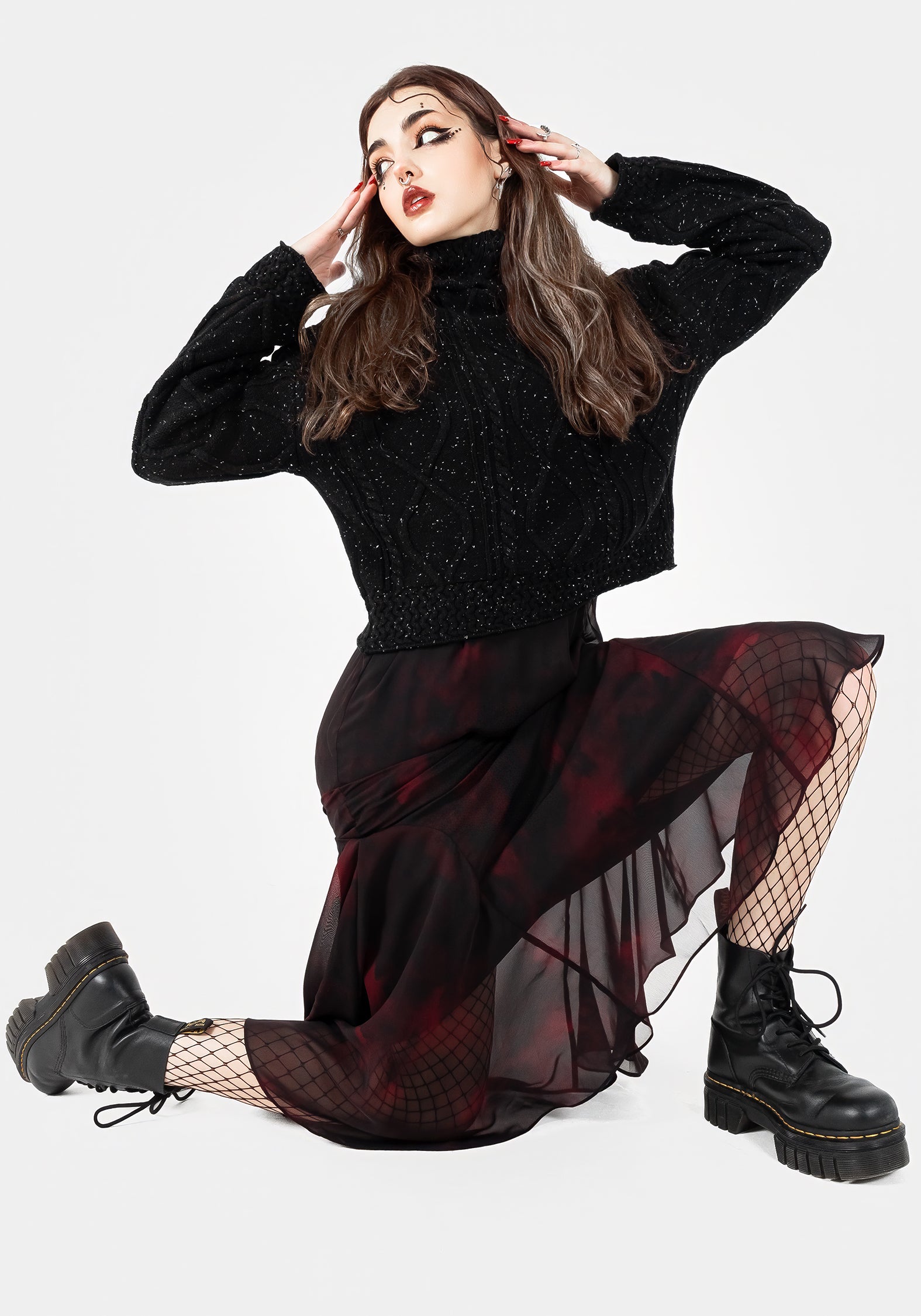 Red & Black Chiffon Handkerchief Hem Skirt | Vesta