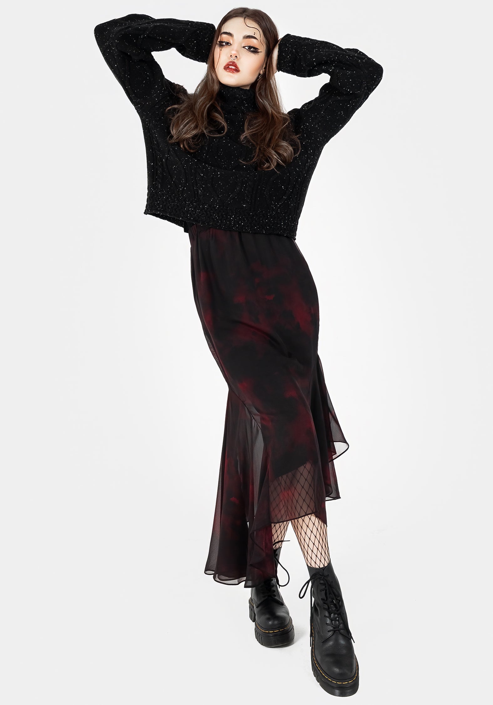 Red & Black Chiffon Handkerchief Hem Skirt | Vesta