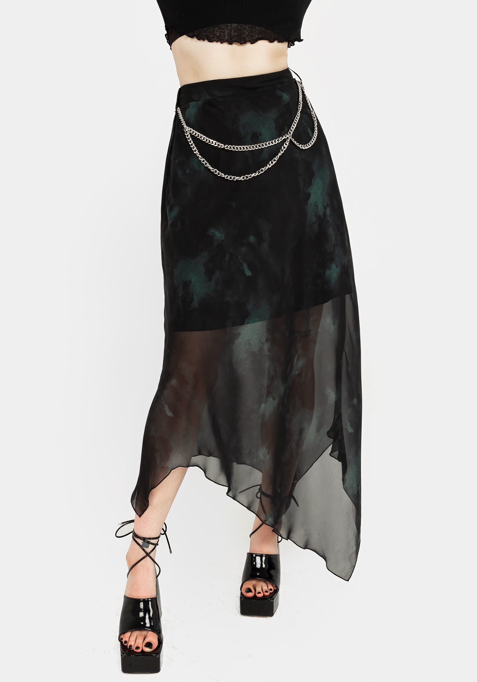 Green & Black Watercolor Chiffon Skirt with Chain Belt | Lichen Midaxi