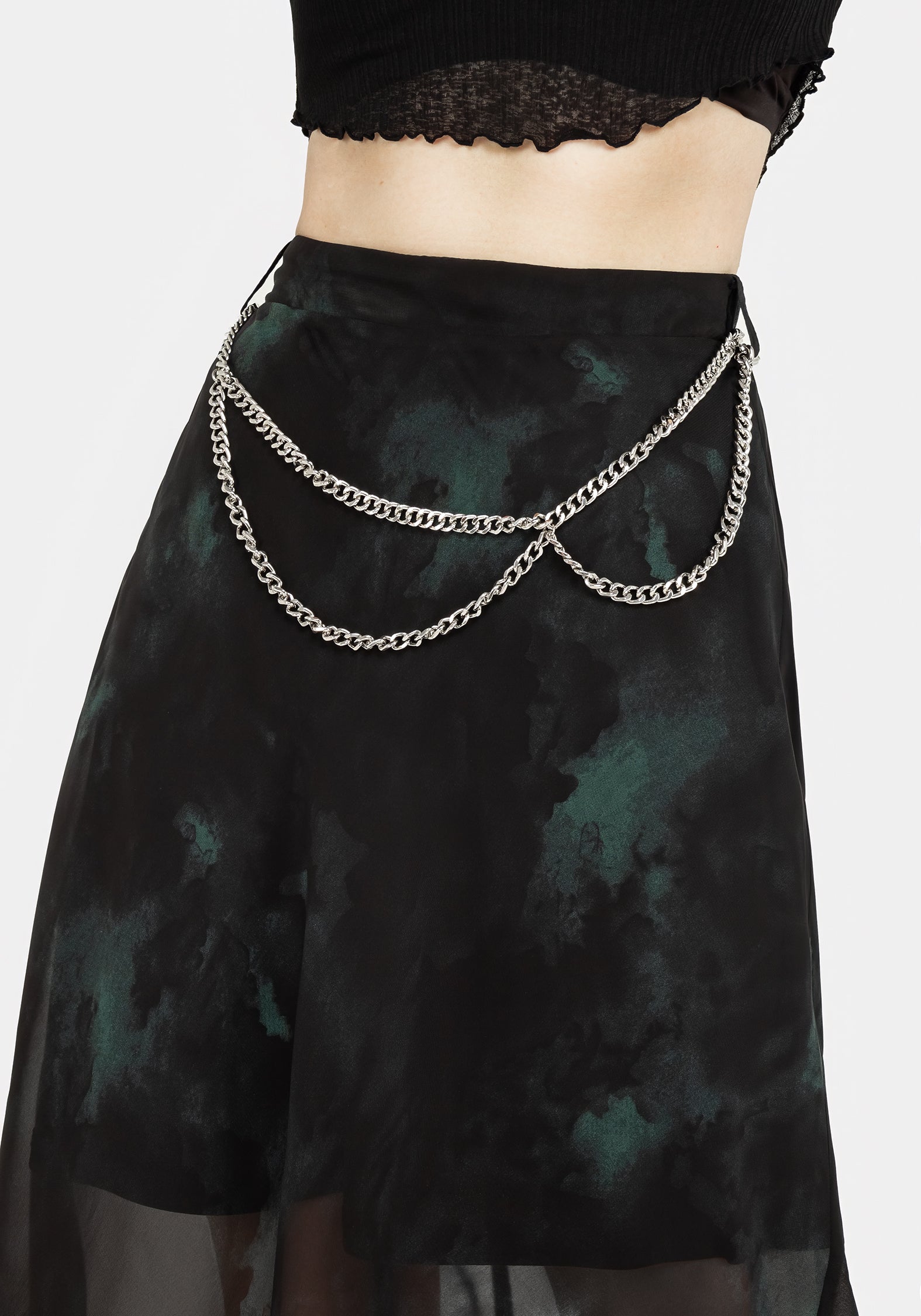 Green & Black Watercolor Chiffon Skirt with Chain Belt | Lichen Midaxi