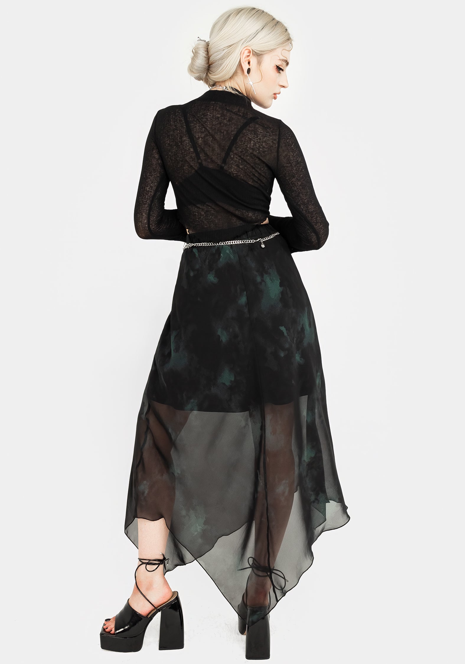 Green & Black Watercolor Chiffon Skirt with Chain Belt | Lichen Midaxi