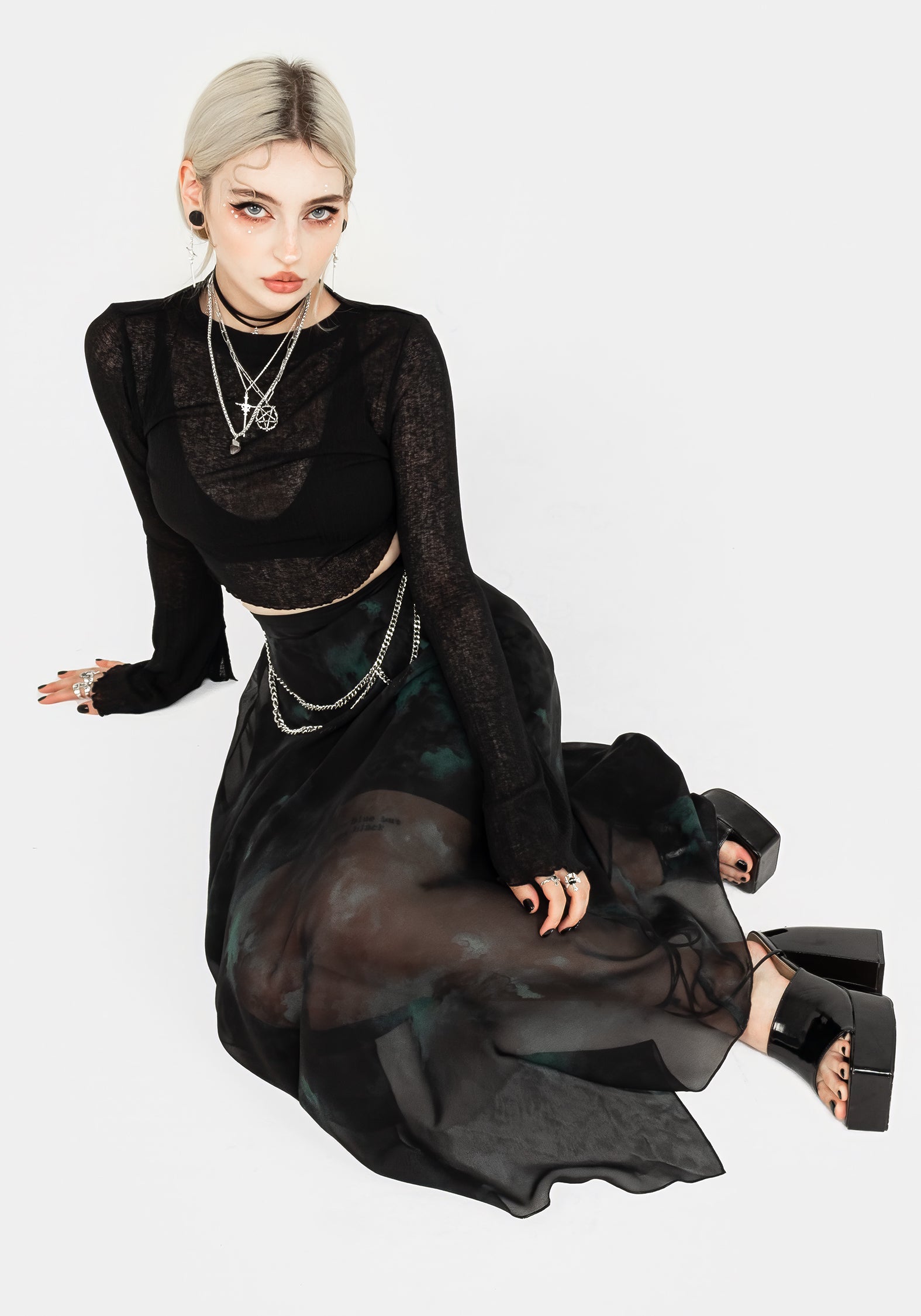 Green & Black Watercolor Chiffon Skirt with Chain Belt | Lichen Midaxi