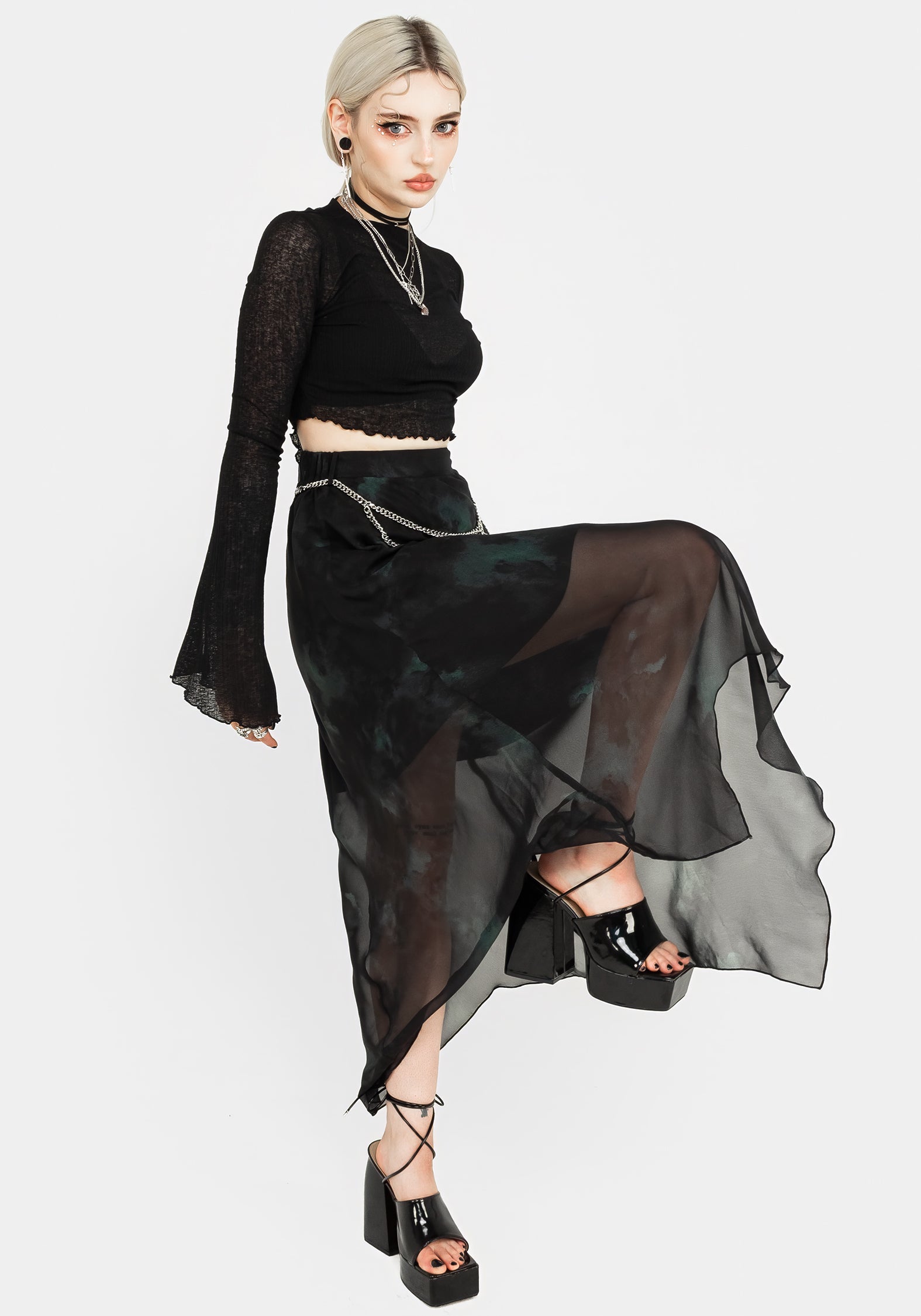 Green & Black Watercolor Chiffon Skirt with Chain Belt | Lichen Midaxi