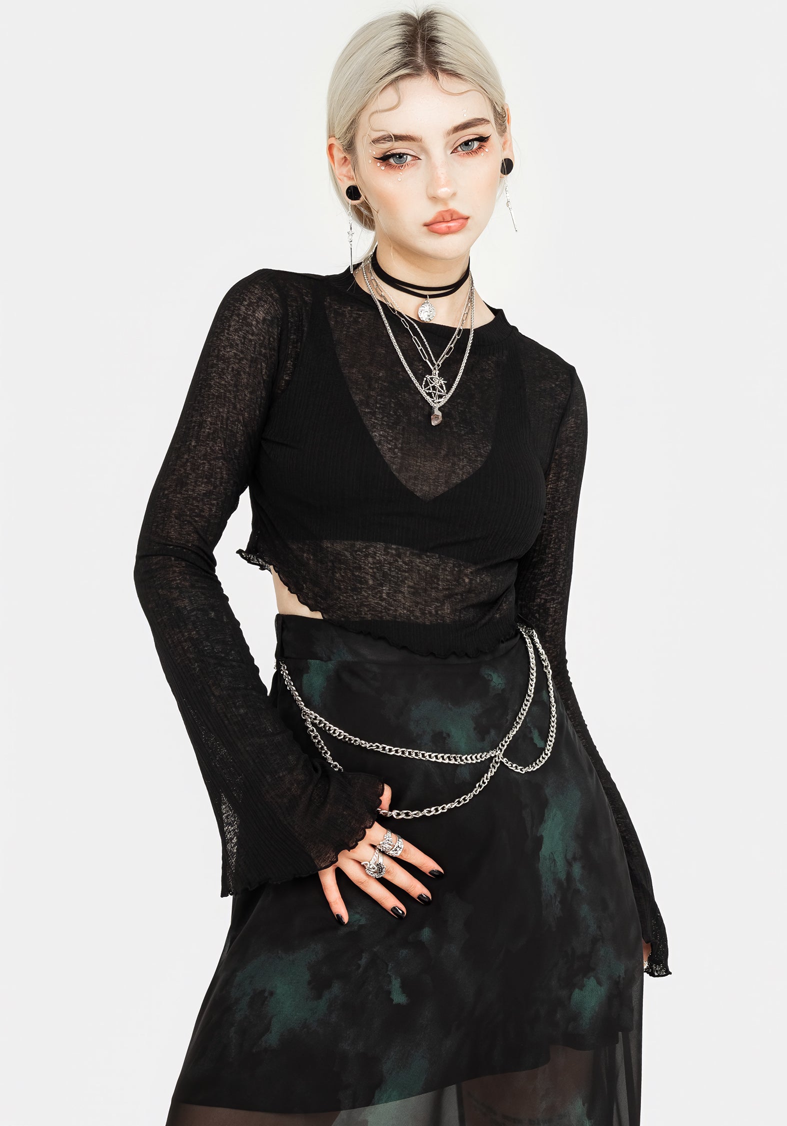Green & Black Watercolor Chiffon Skirt with Chain Belt | Lichen Midaxi