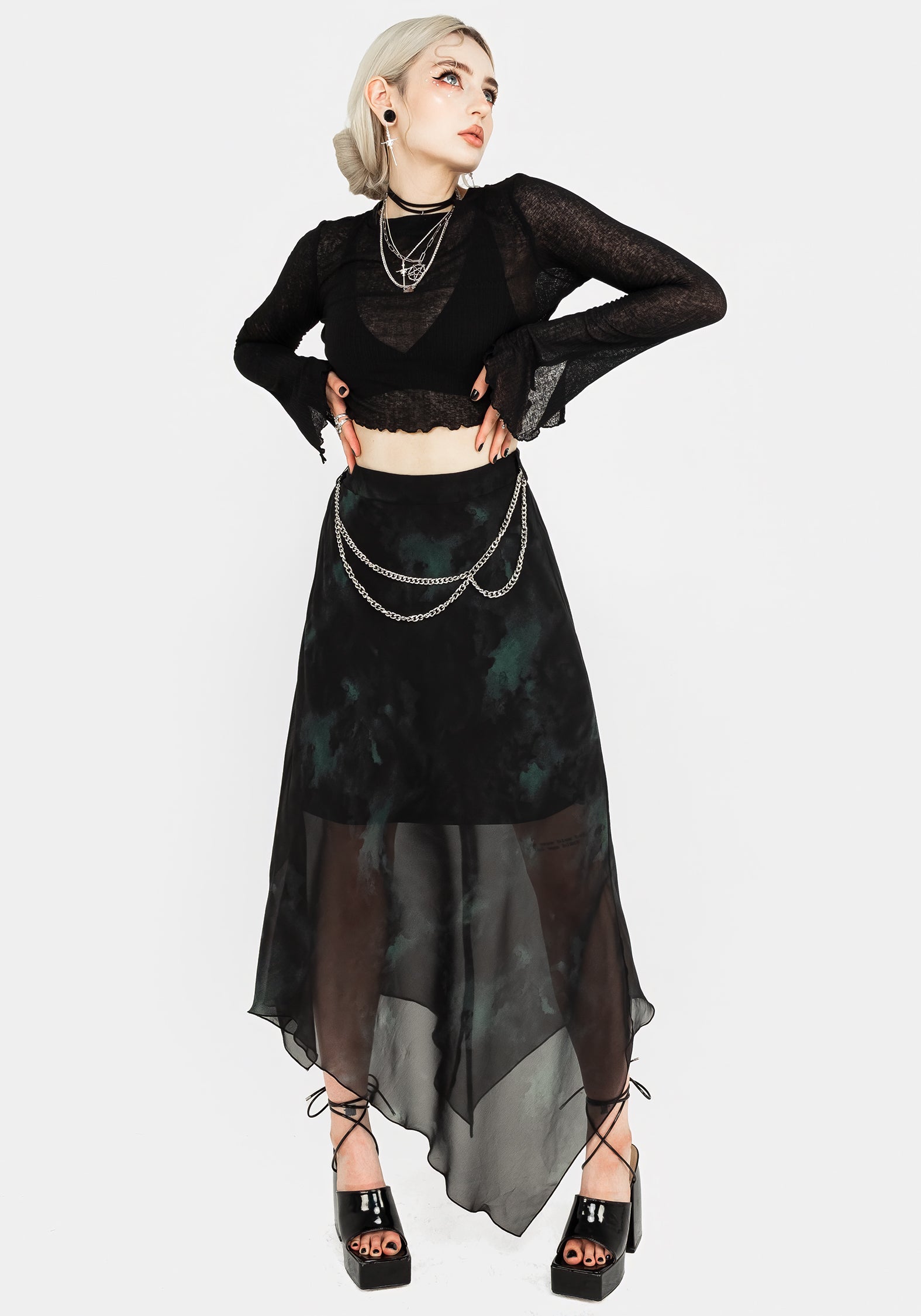 Green & Black Watercolor Chiffon Skirt with Chain Belt | Lichen Midaxi