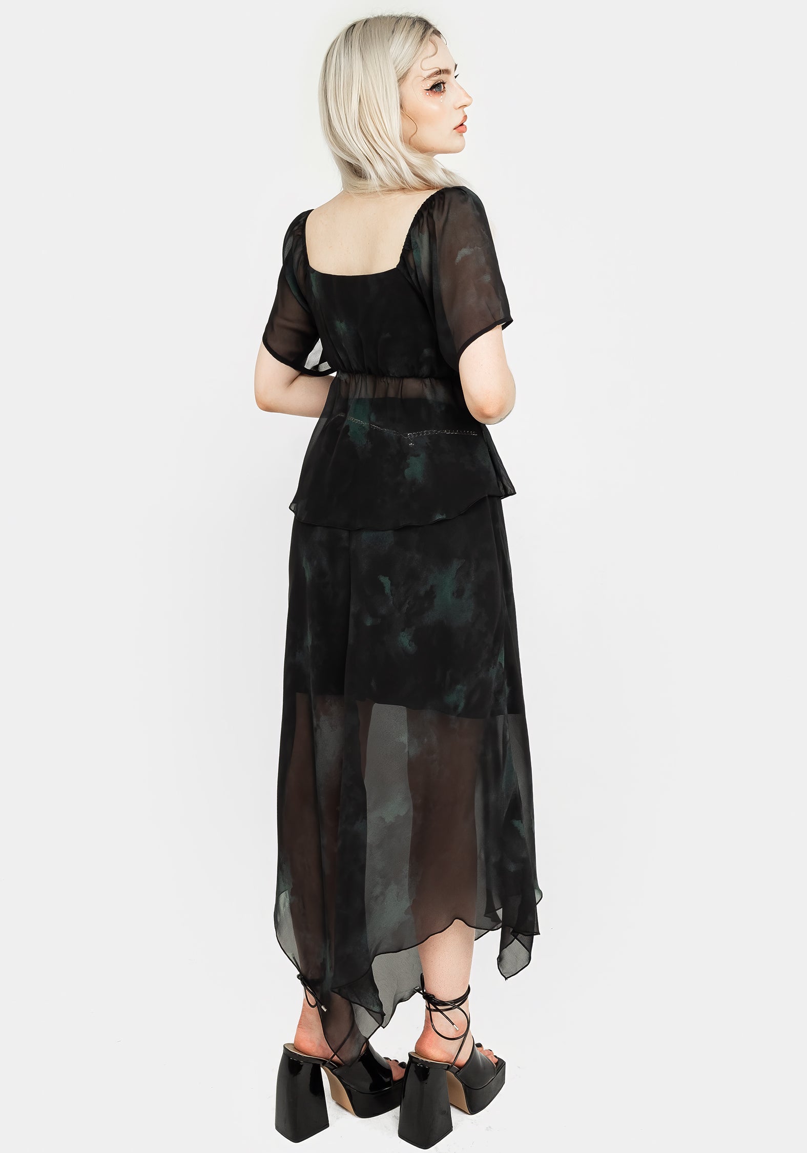 Green & Black Watercolor Chiffon Skirt with Chain Belt | Lichen Midaxi