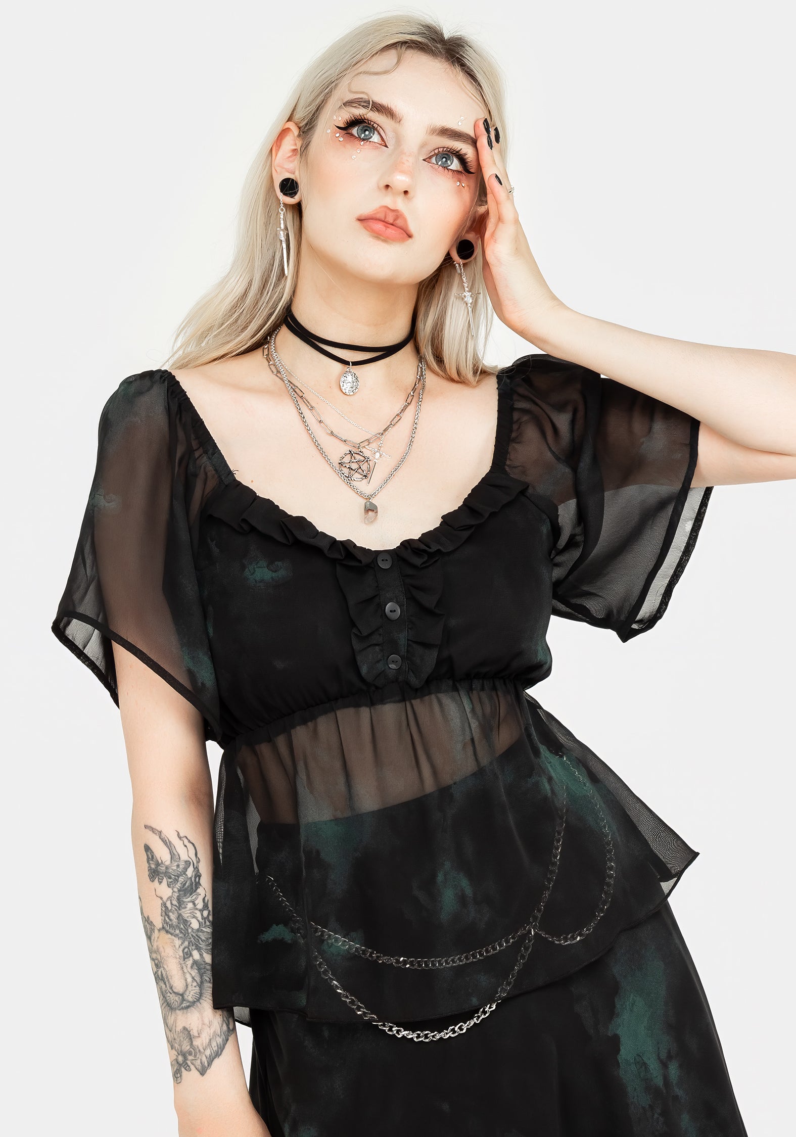 Green & Black Chiffon Top with Ruffled Neckline | Lichen