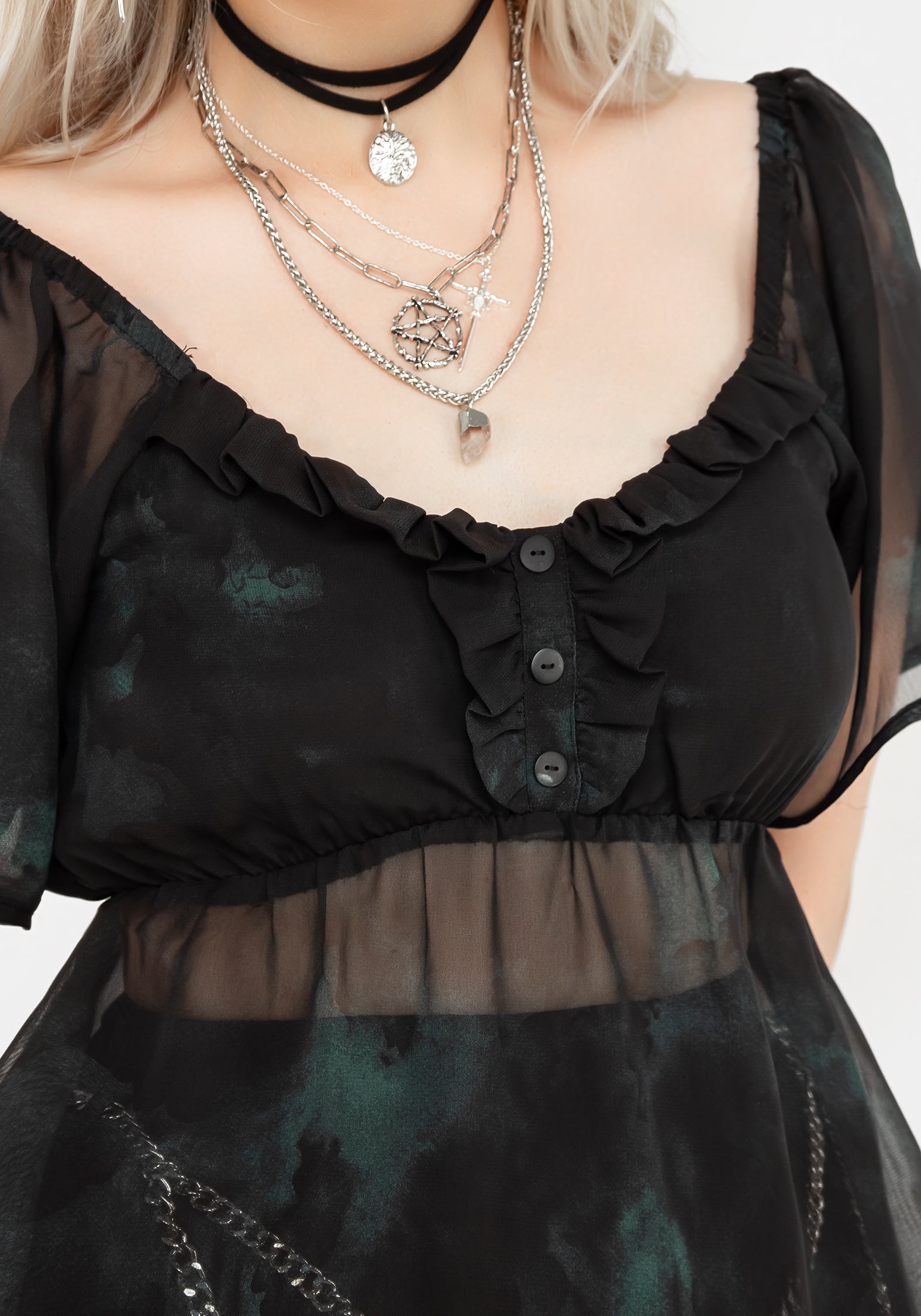 Green & Black Chiffon Top with Ruffled Neckline | Lichen