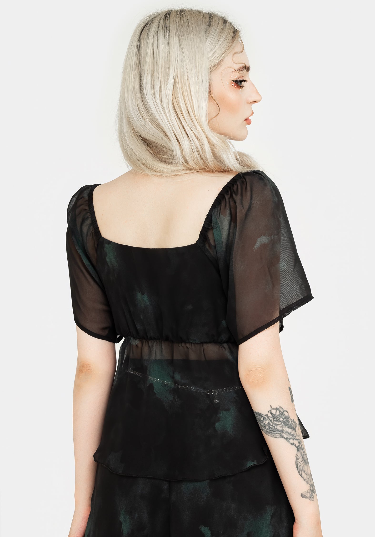 Green & Black Chiffon Top with Ruffled Neckline | Lichen