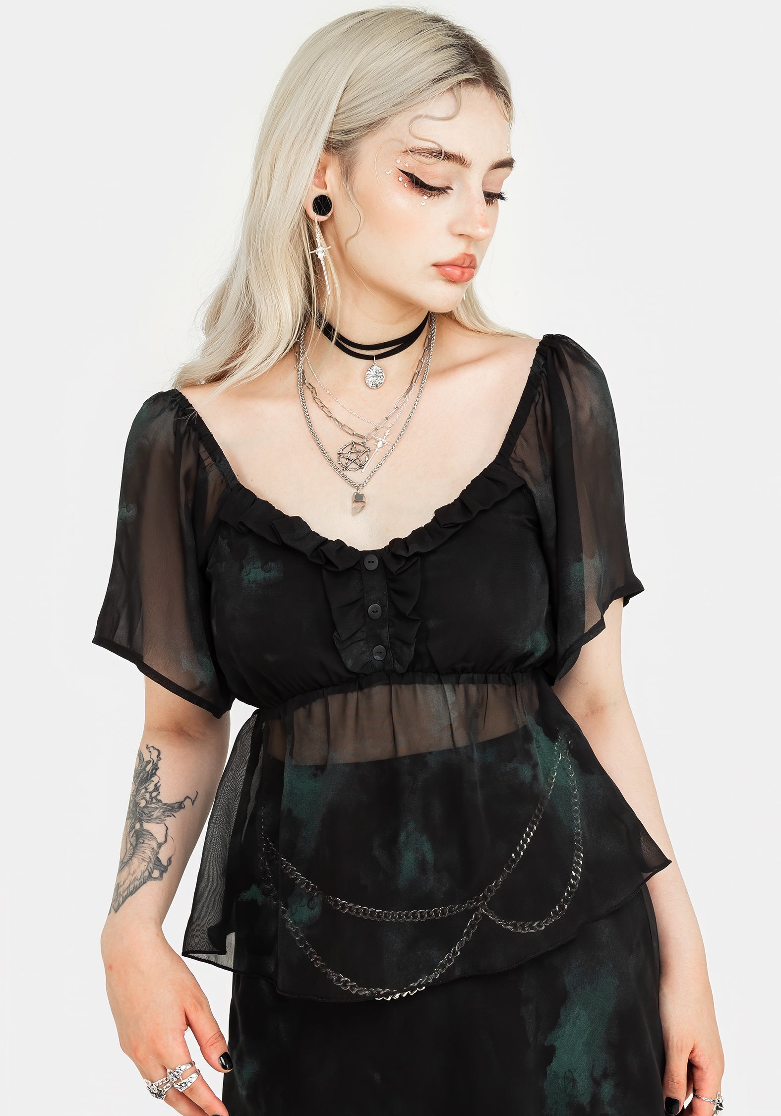 Green & Black Chiffon Top with Ruffled Neckline | Lichen