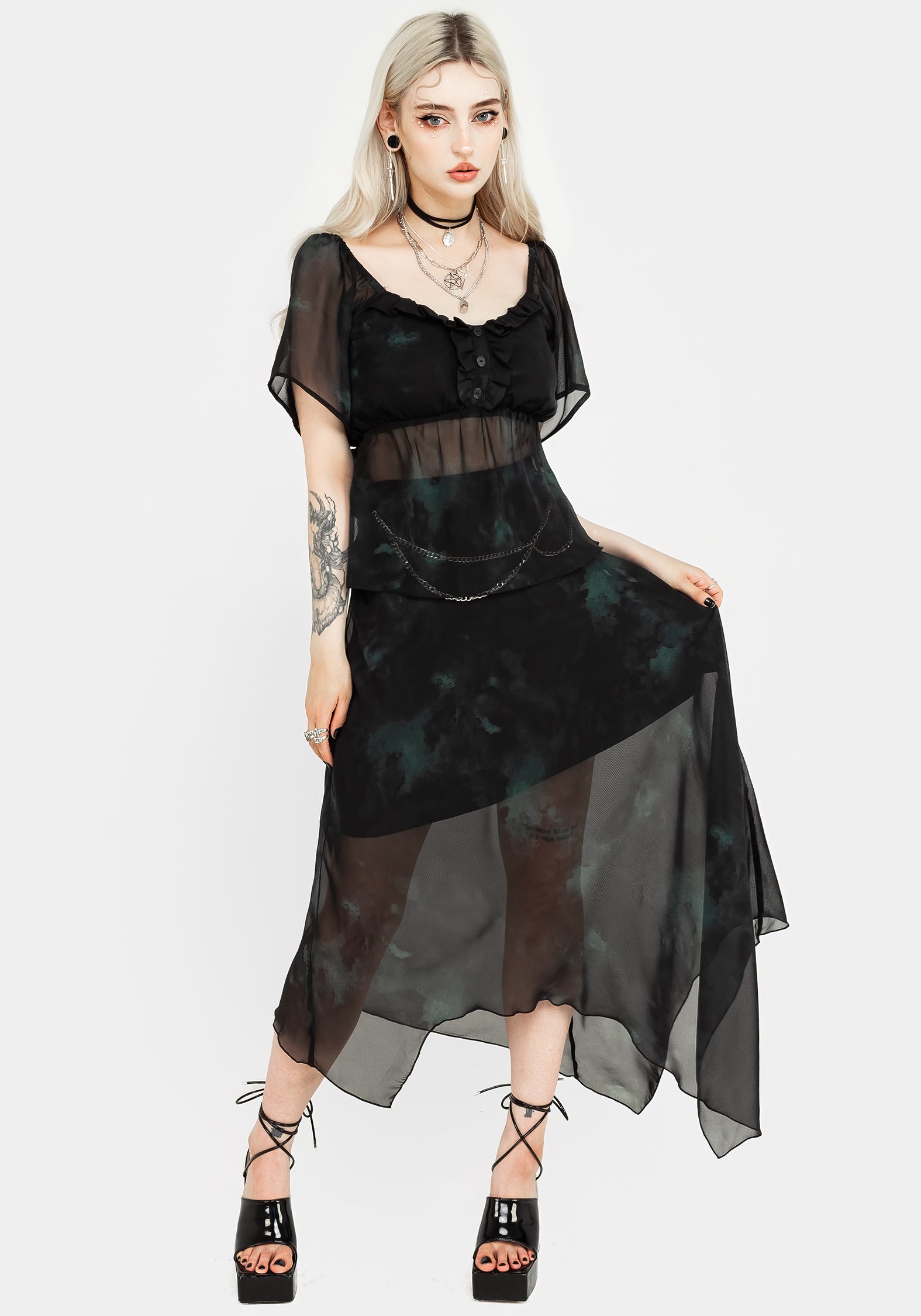 Green & Black Chiffon Top with Ruffled Neckline | Lichen