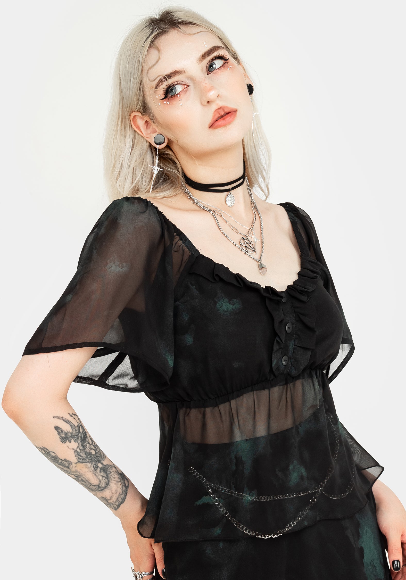 Green & Black Chiffon Top with Ruffled Neckline | Lichen