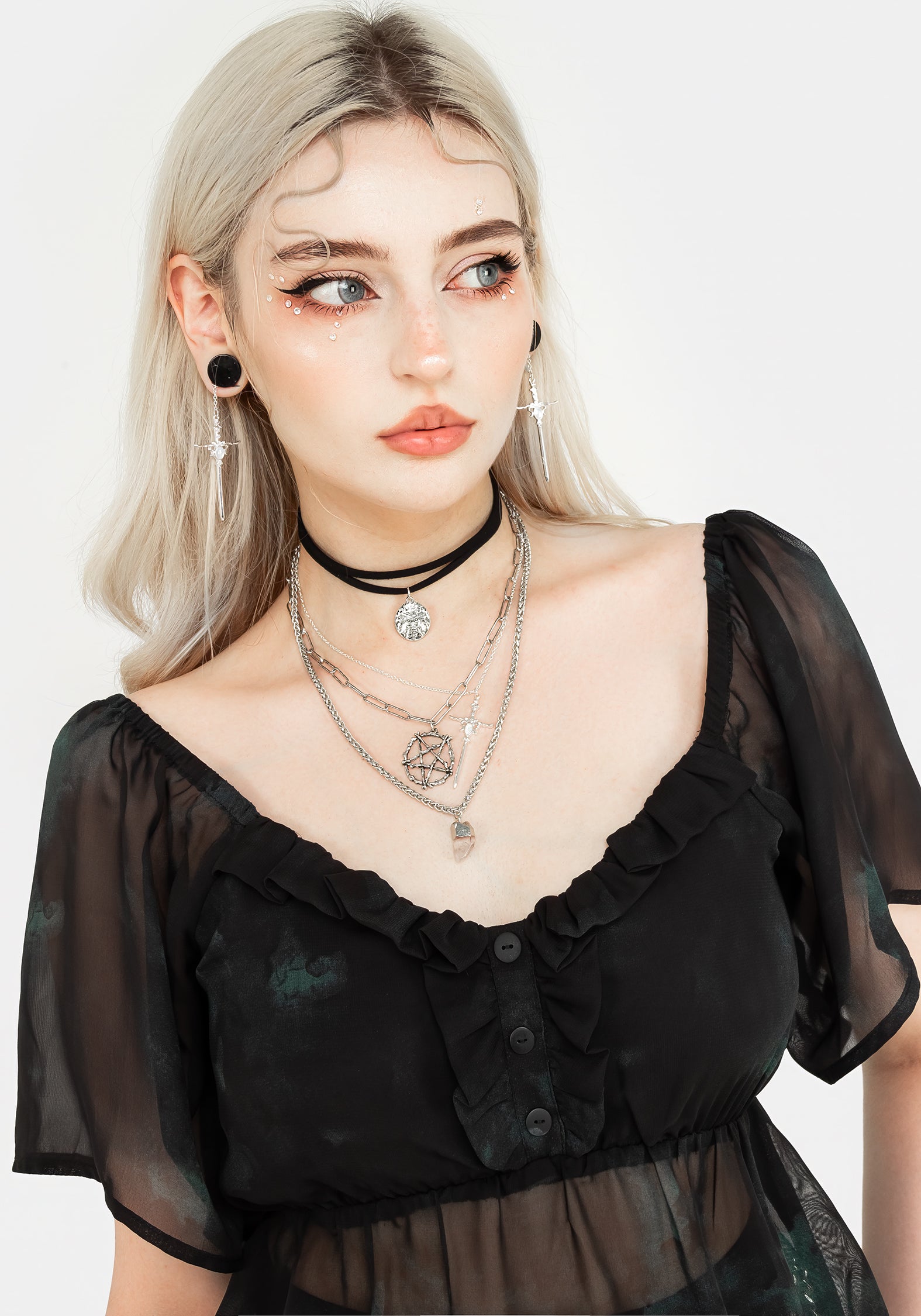 Green & Black Chiffon Top with Ruffled Neckline | Lichen