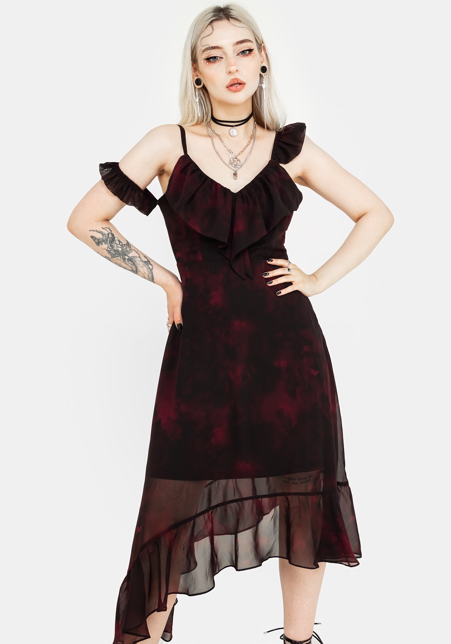 Red & Black Chiffon Asymmetric Dress with Ruffles | Vesta