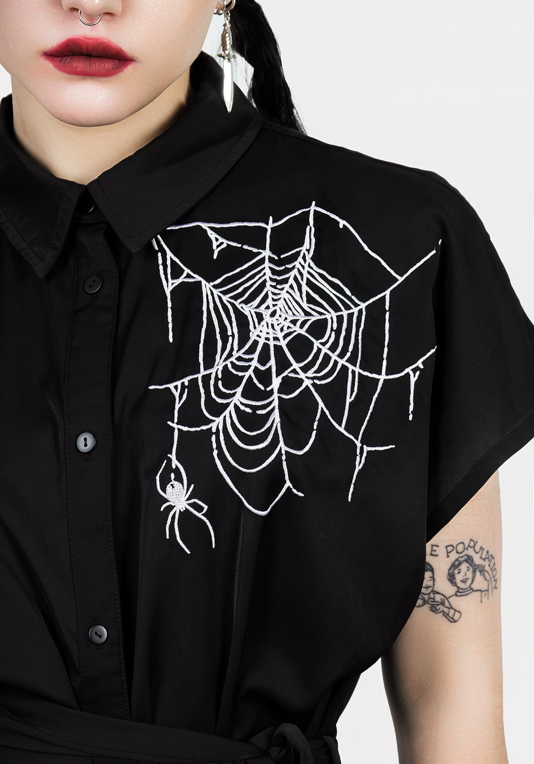 Black Relaxed Midi Shirt Dress with Spider Embroidery | Widow