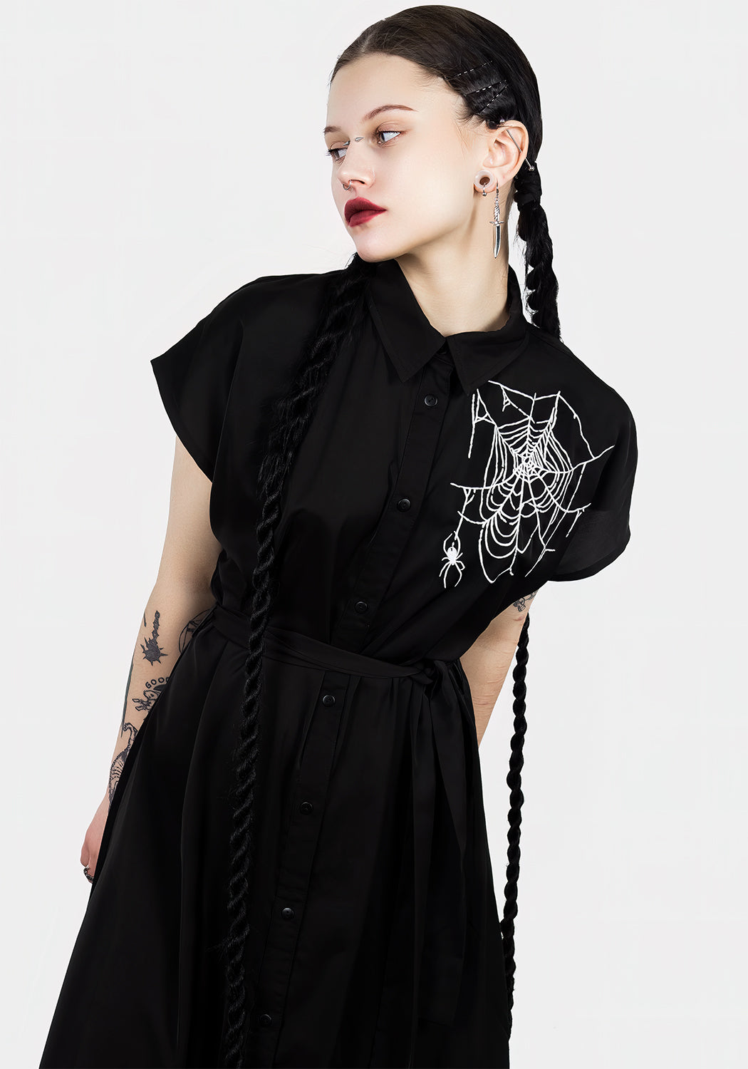Black Relaxed Midi Shirt Dress with Spider Embroidery | Widow
