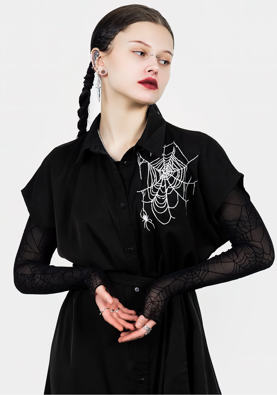 Black Relaxed Midi Shirt Dress with Spider Embroidery | Widow