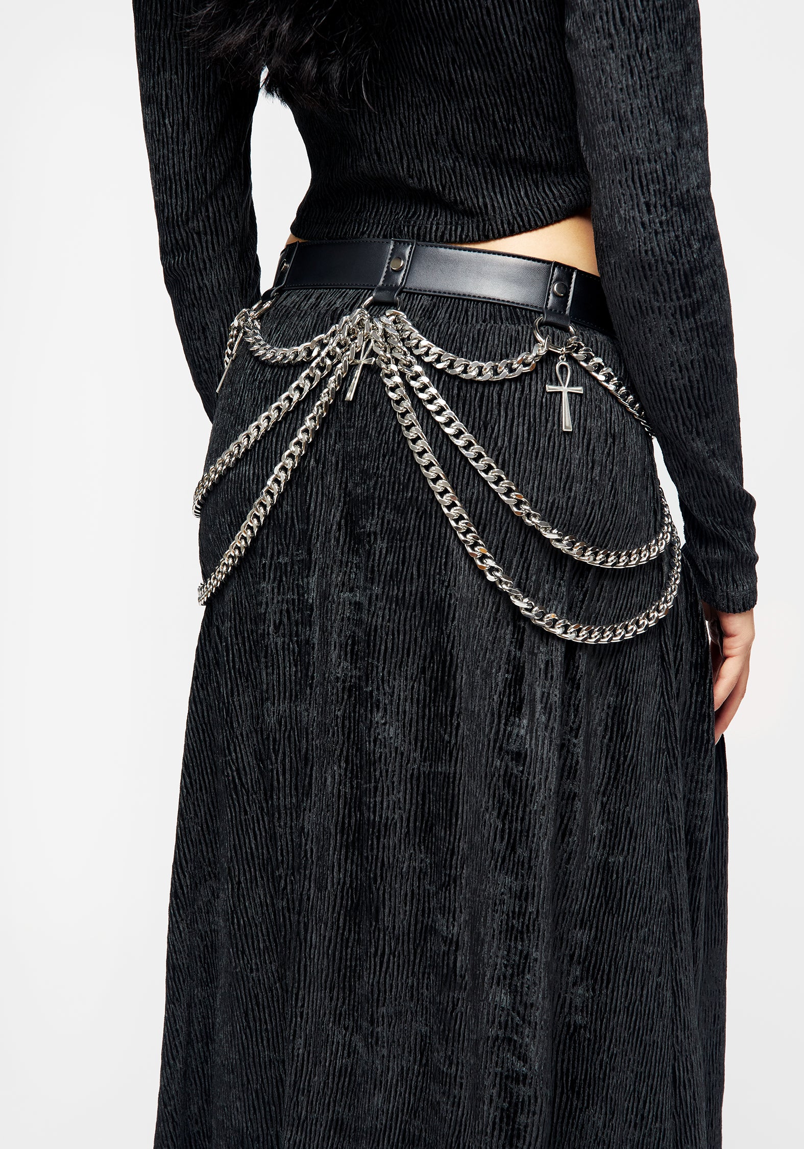 Faux Leather Skirt Belt with Silver Chains & Ankh Charms | Neith