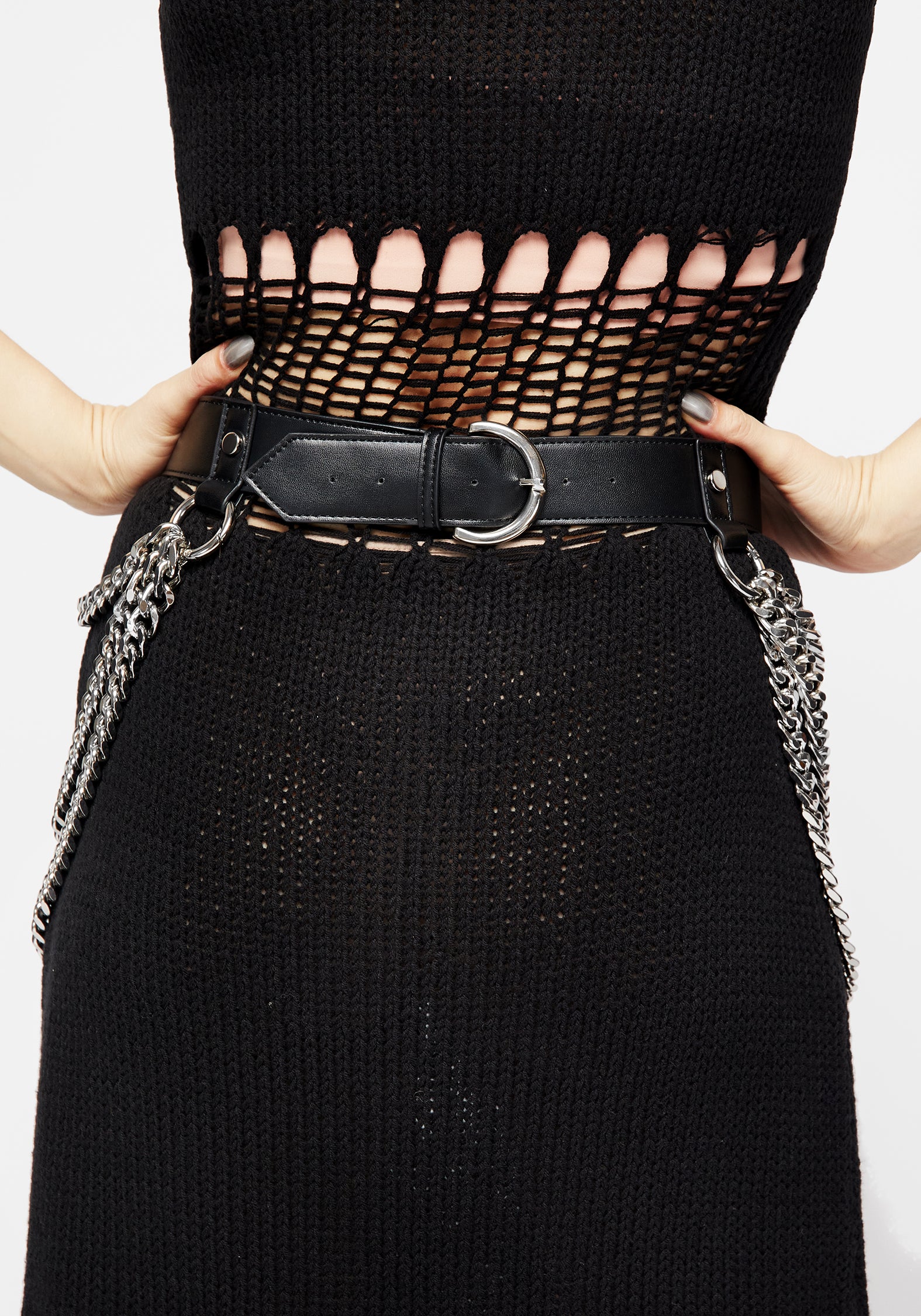 Faux Leather Skirt Belt with Silver Chains & Ankh Charms | Neith