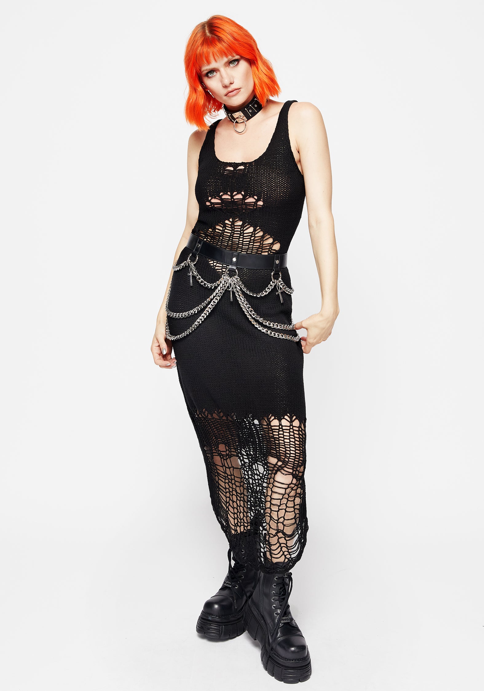 Faux Leather Skirt Belt with Silver Chains & Ankh Charms | Neith